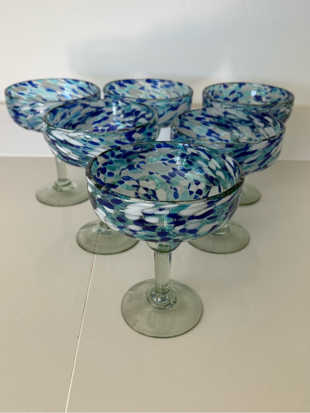 Hand-Blown Speckled Blue Glass Coupe Set - Artistic Stemware (Set of 6)